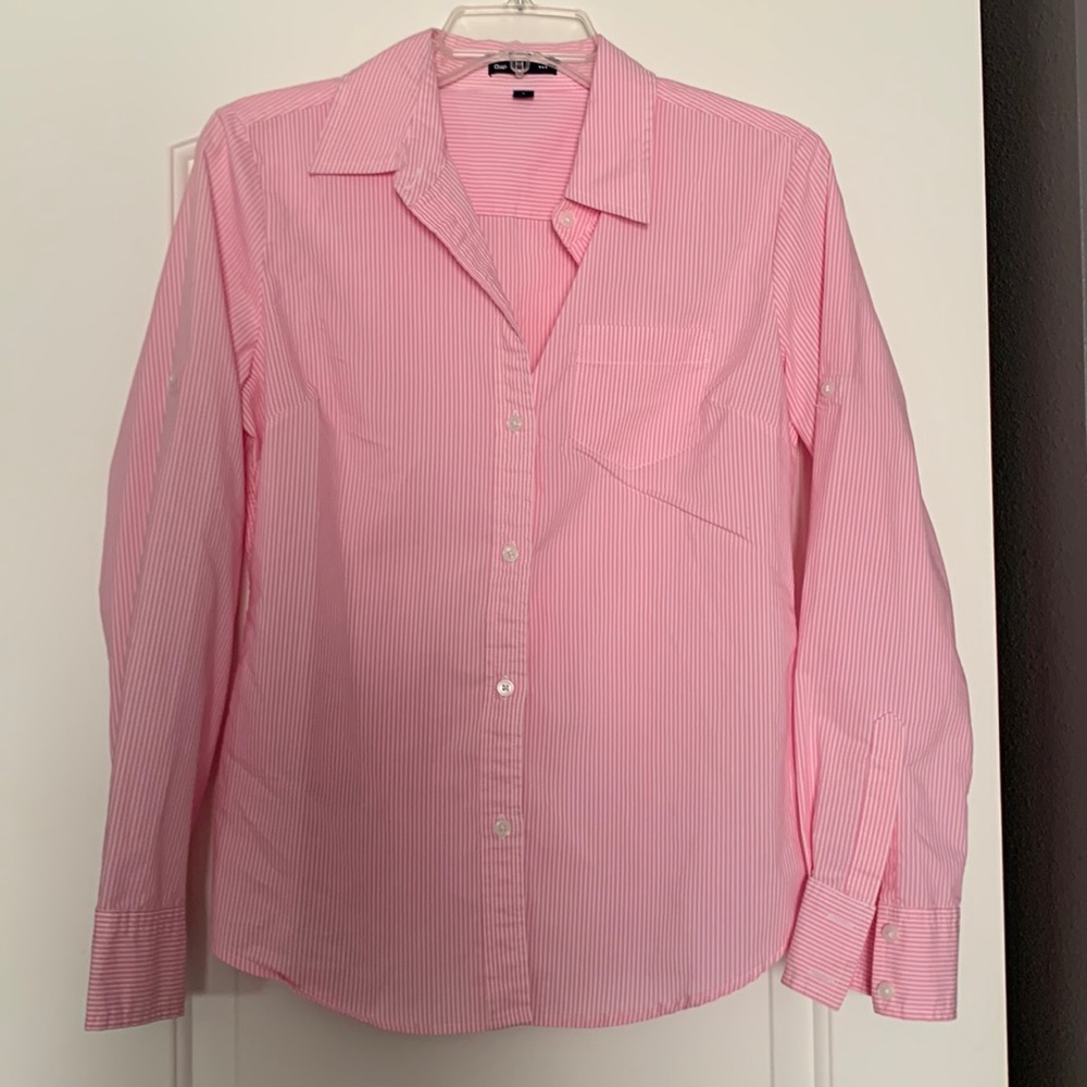 Pink and white striped gap button up